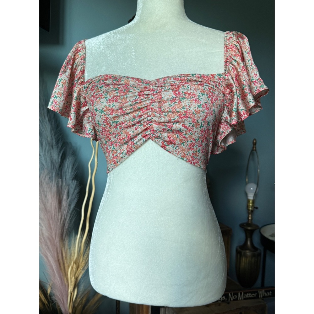 Zara Floral Ruched‎ Crop Top Cottagecore Flutter Sleeve Sweetheart Pink S
